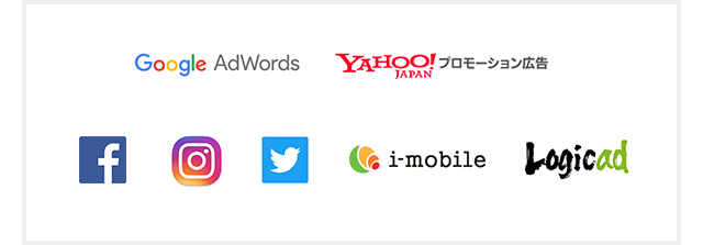 Google AdWords／YAHOO!JAPANプロモーション広告／facebook／instagram／Twitter／i-mobile／Logicad